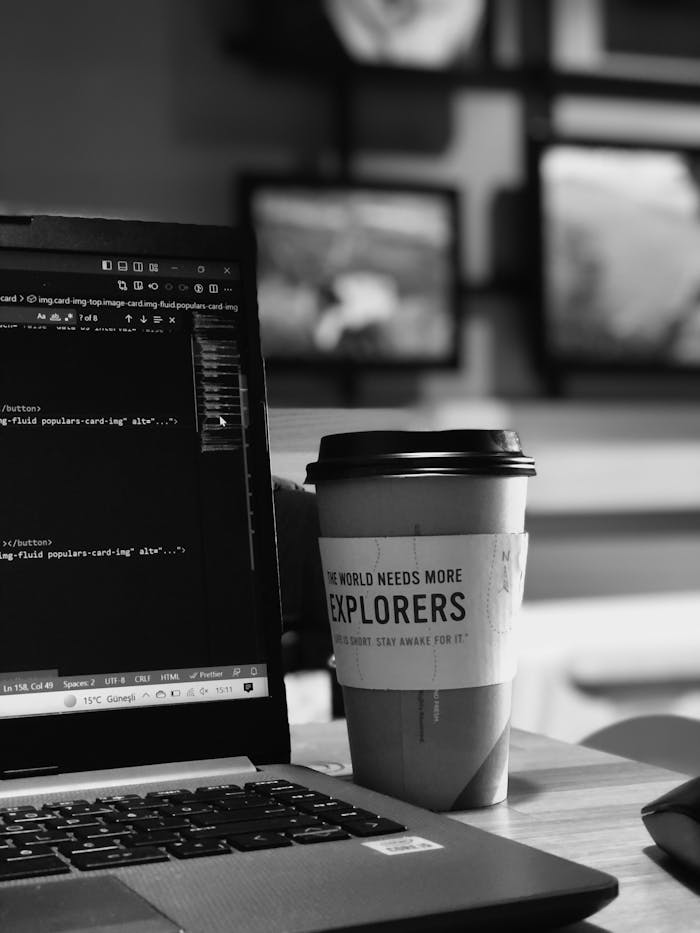 creative-03 Black and white photo of a laptop and coffee on a desk in an office setting.